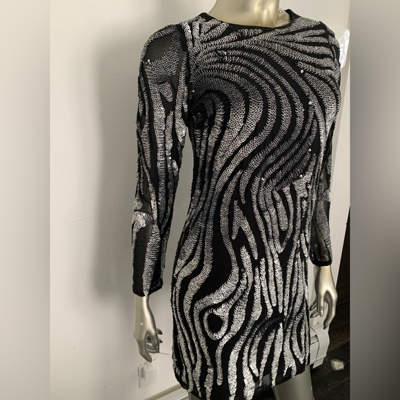 Black silver metallic Beaded sequin Dress long sleeve mini size 6 zebra print - Picture 4 of 11